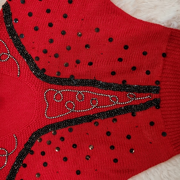 Cannelloni hand knit, hand beaded red dolman sleeve sweater - Picture 5 of 12